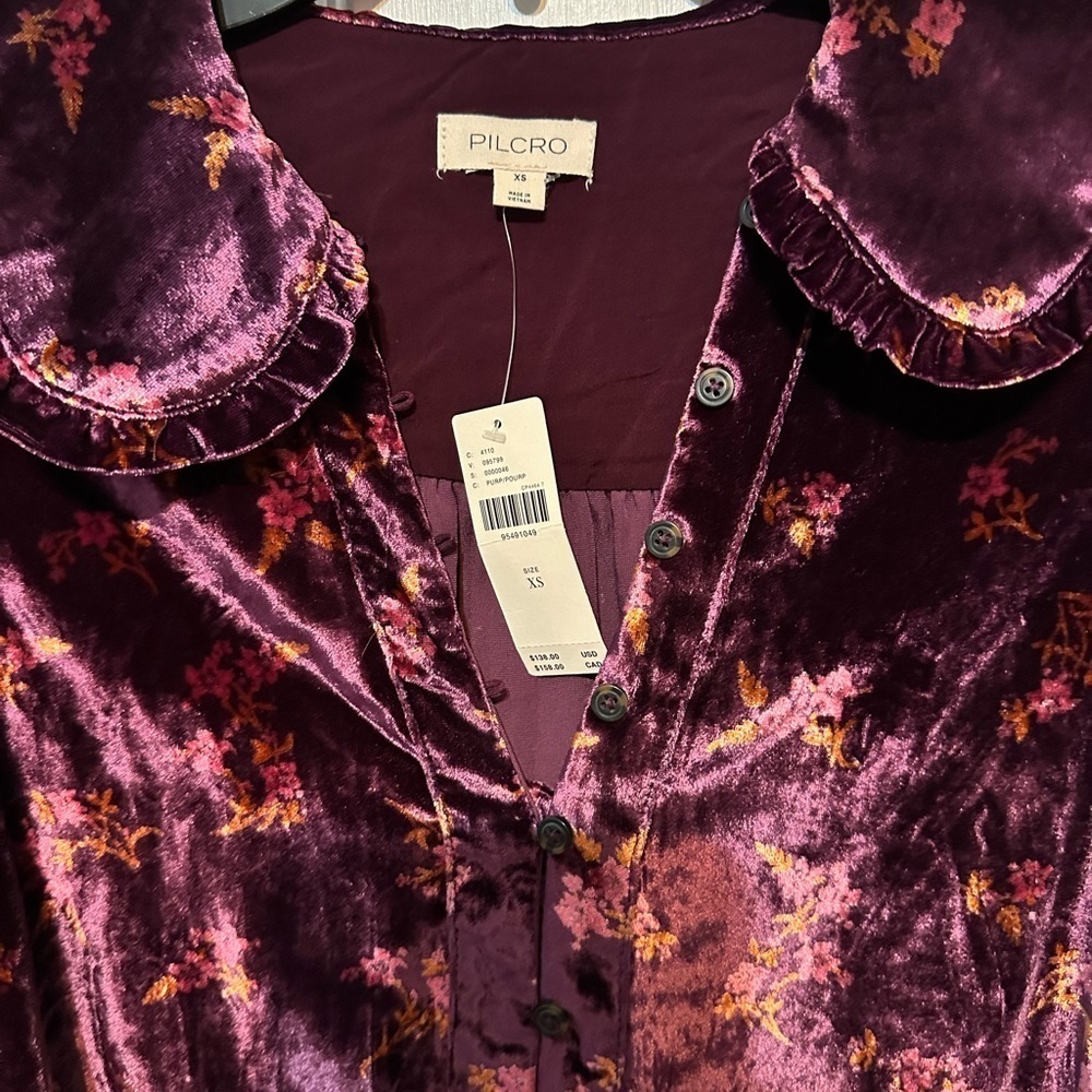 Anthropologie Purple Floral Velvet Pilcro Collared Button-Up Top Blouse - Picture 10 of 10